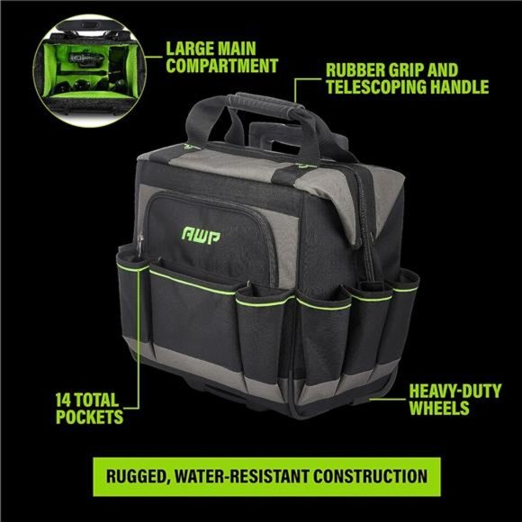 AWP Rolling 14 Inch Tool Bag with Telescoping Rubber Handle, Water-Resistant - Picture 4 of 6